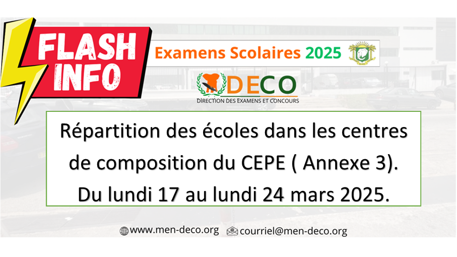 Répartition des écoles dans les centres de composition du CEPE ( Annexe 3). Du lundi 17 au lundi 24 mars 2025.