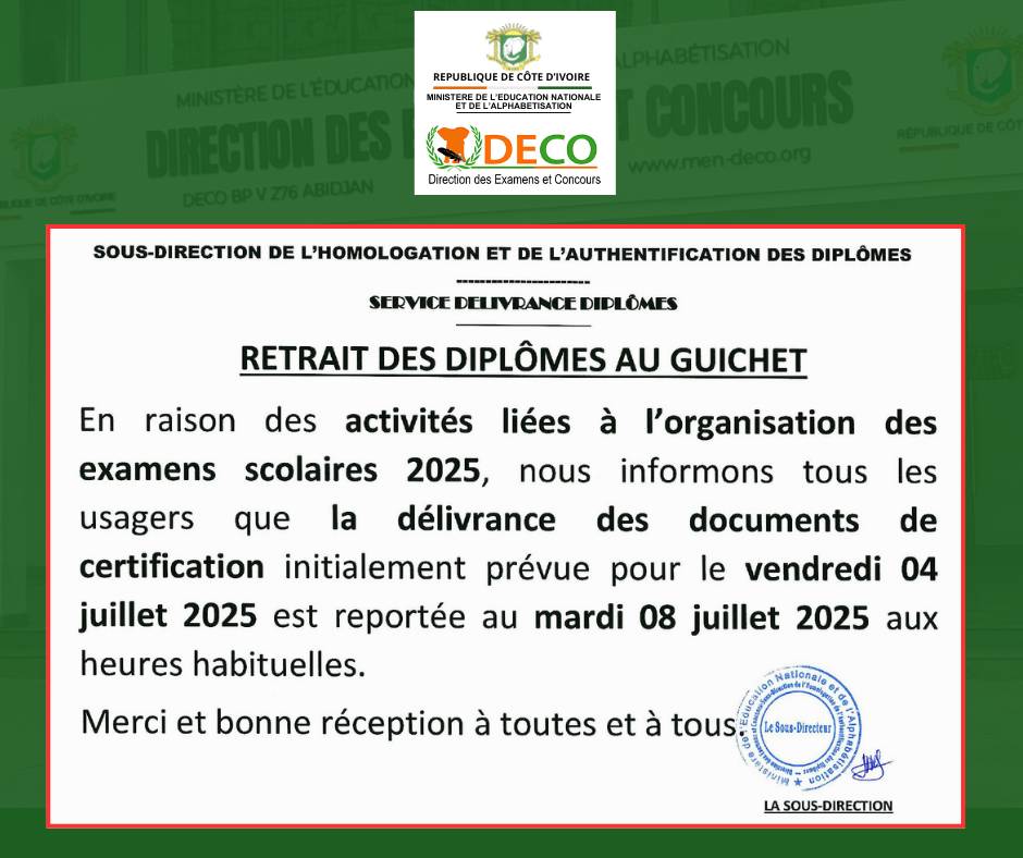 Note d'information : Retrait de diplômes au guichet