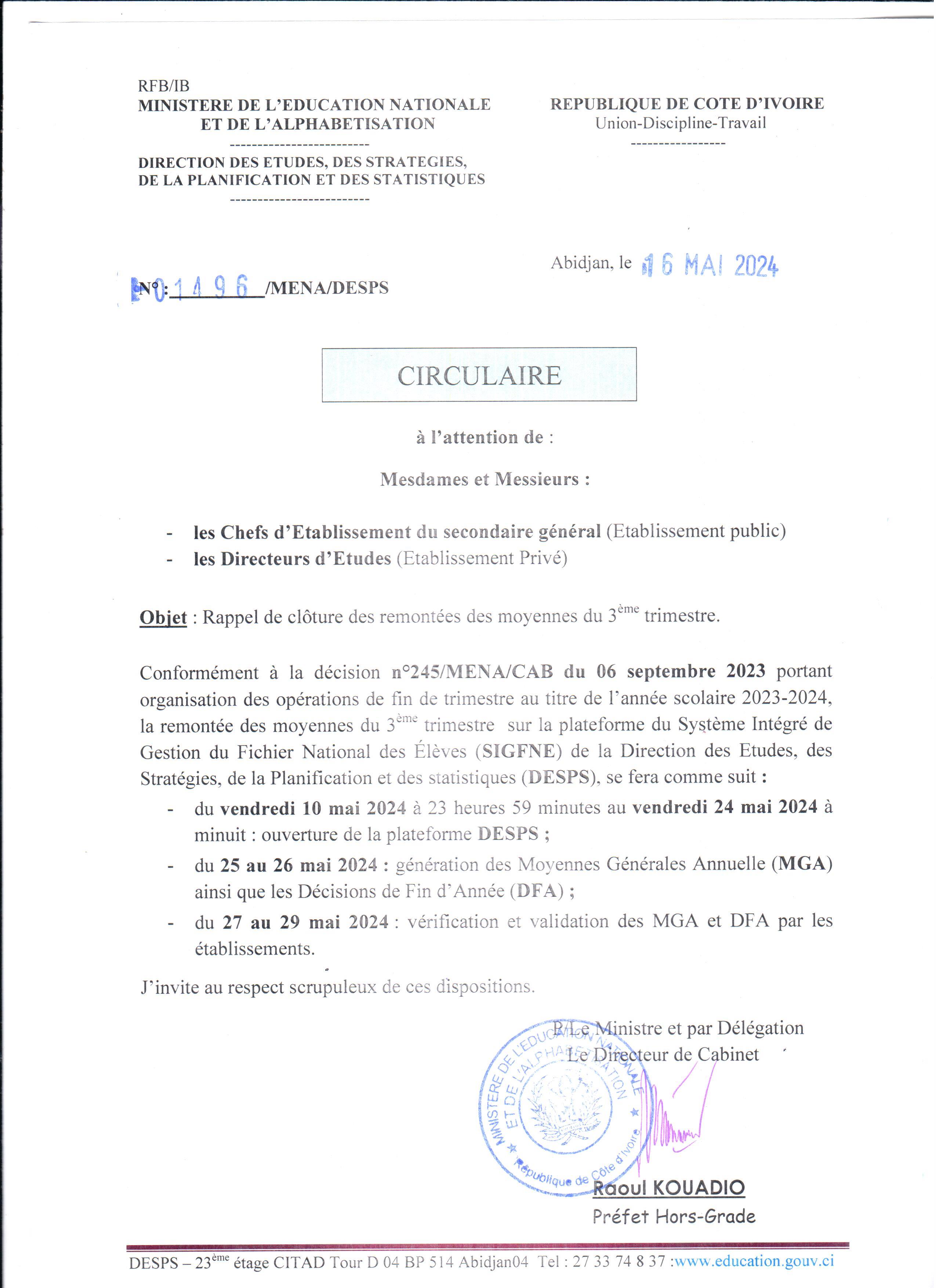 Circulaire de rappel de clôture des remontées des moyennes du 3eme trimestre