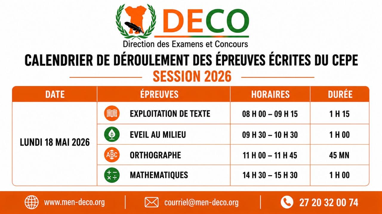 Calendrier officiel de déroulement des épreuves écrites du CEPE Session 2026.