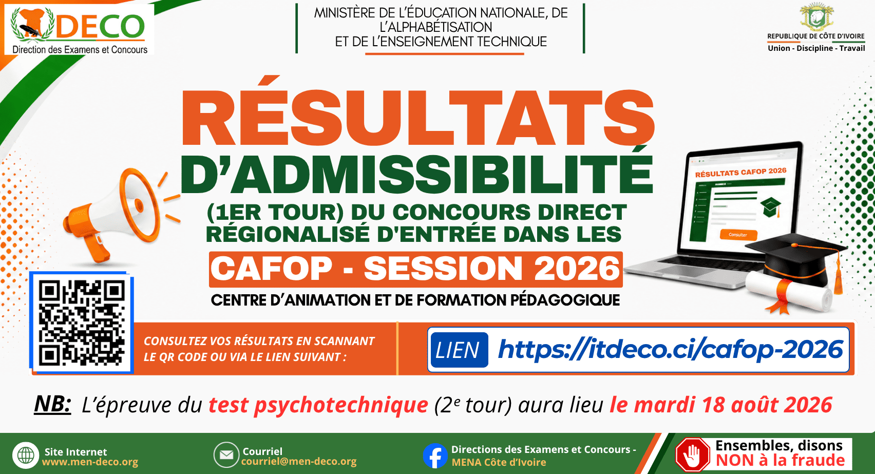 RÉSULTATS D'ADMISSIBILITÉ (1er TOUR) ET TEST PSYCHOTECHNIQUE (2ᵉ TOUR) DU CONCOURS DIRECT RÉGIONALISÉ DU CAFOP – SESSION 2026